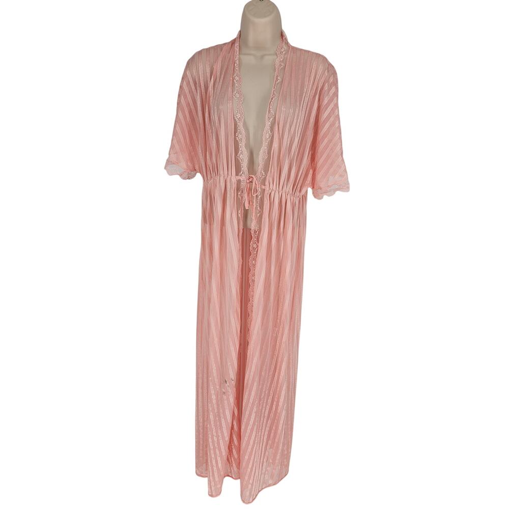 Vintage Debenhams Womens Sz 12 Maxi Length Open Front Robe Peach w/ Lace Trim